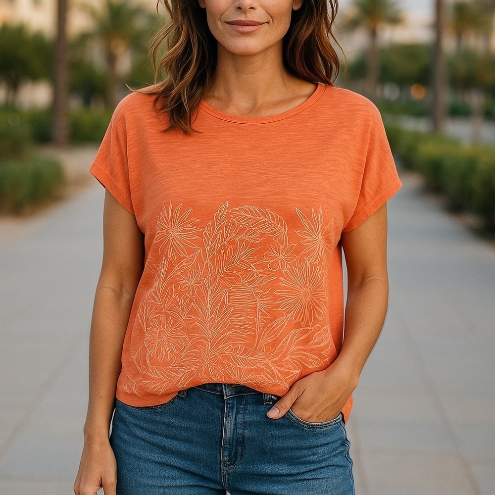 OCEAN & COAST Coral Floral/Palms Graphic Women's size XL Short sleeve Tee Top